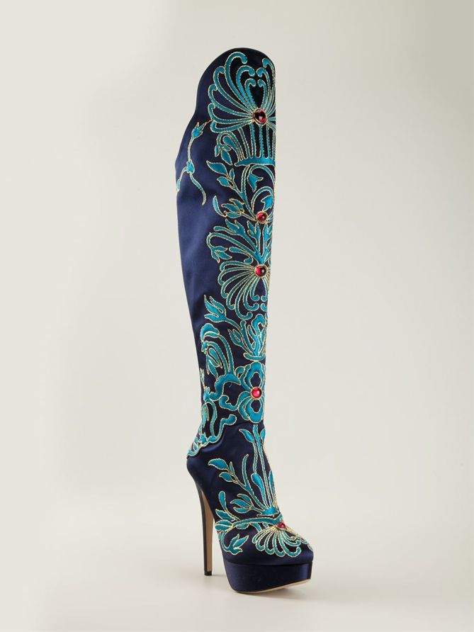 CHARLOTTE OLYMPIA ‘Prosperity’ Boots (Blue & Gold-tone Leather & Satin ...