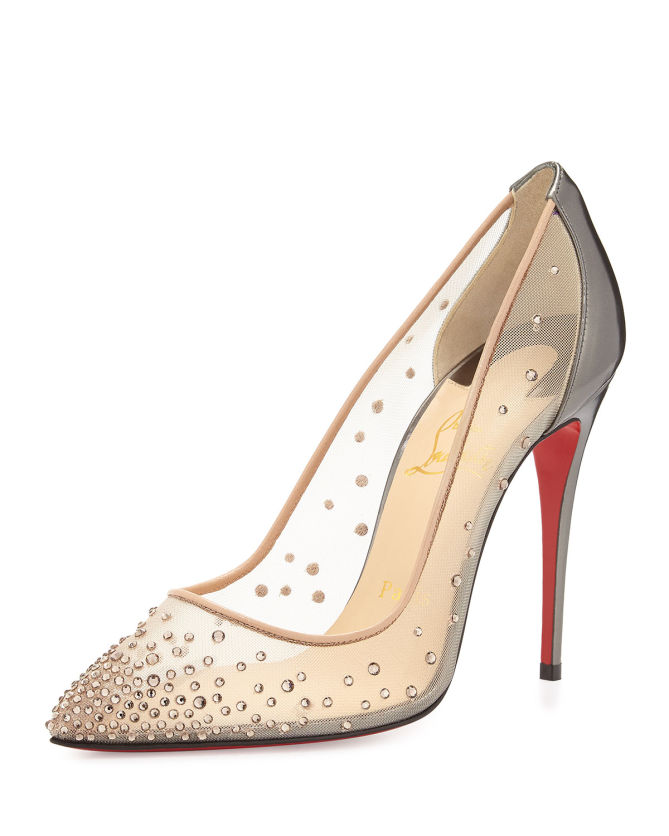 Christian Louboutin Follies Crystal Mesh Red Sole Pump, Silver/Nude ...