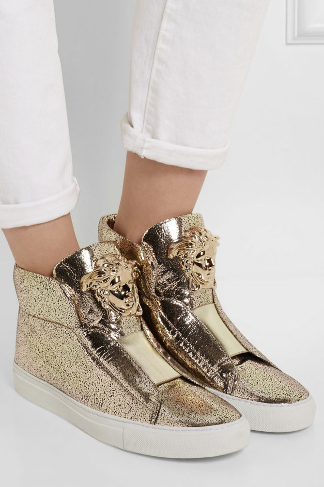 VERSACE Metallic Textured-leather Sneakers – Shoes Post