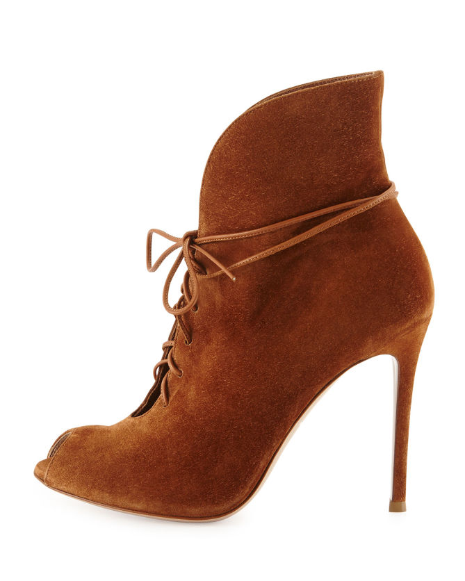 Gianvito Rossi Suede V-Neck Lace-Up Bootie, Luggage – Shoes Post