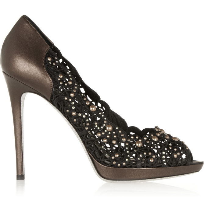 RENÉ CAOVILLA Embellished Lace and Metallic Leather Pumps – Shoes Post