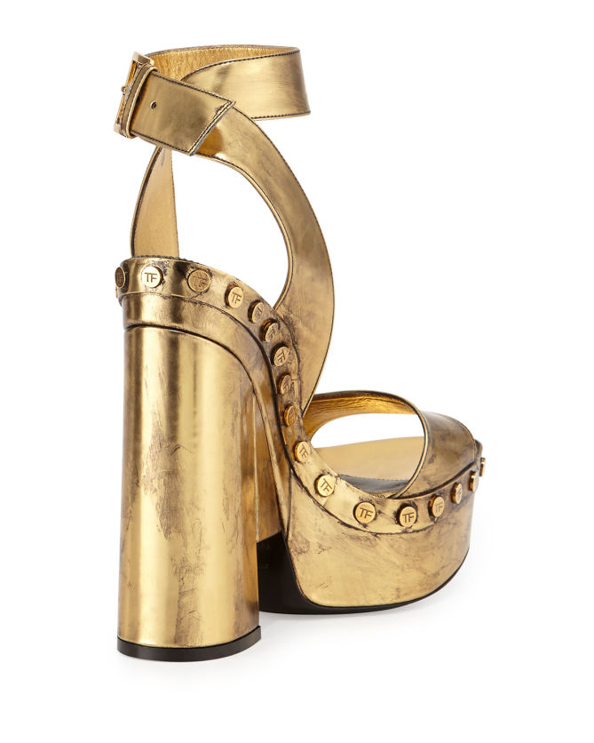 Tom Ford Metallic Ankle-Wrap Platform Sandal, Gold – Shoes Post