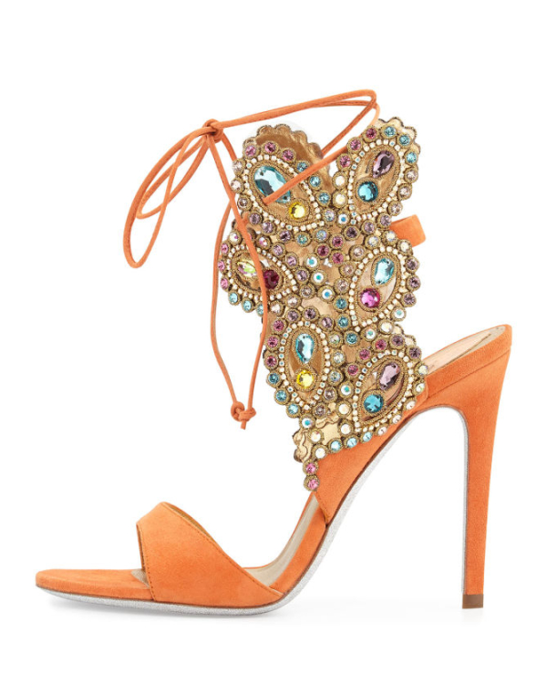 Rene Caovilla Multi-Crystal Crown Ankle Wrap Sandal, Orange – Shoes Post