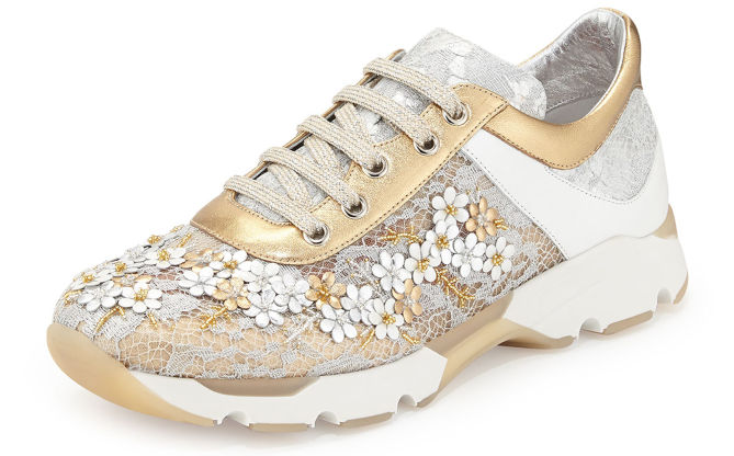 Rene Caovilla Metallic Floral Lace-Up Sneaker, Metallic/White – Shoes Post