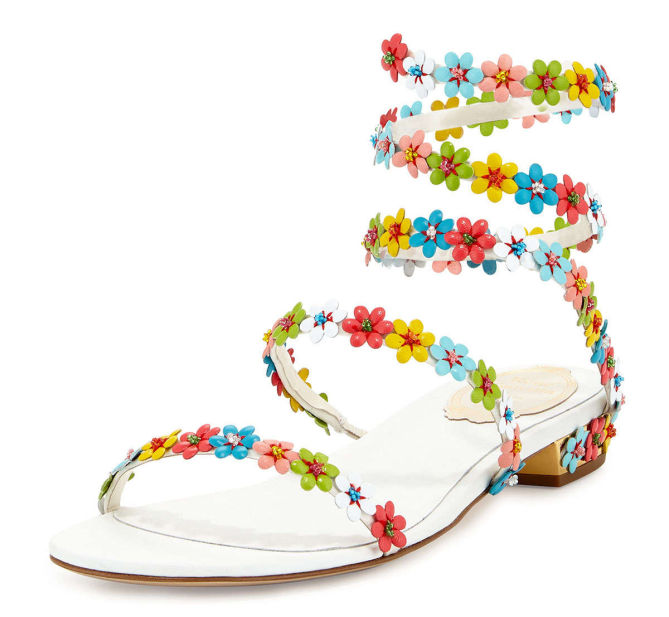 Rene Caovilla Floral-Embellished Coil Sandal, White/Multi – Shoes Post