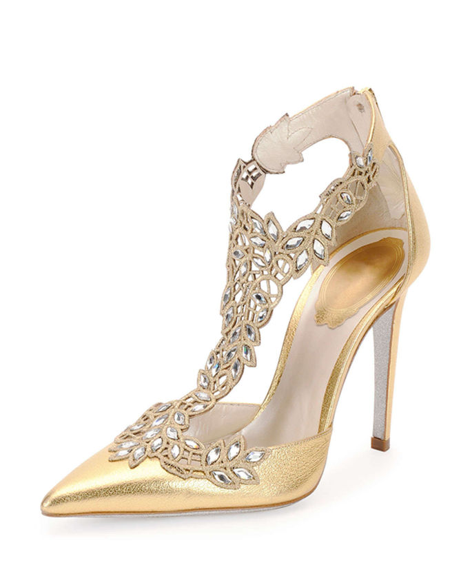 Rene Caovilla Crystal-Lace Metallic Leather Pump, Gold - Shoes Post