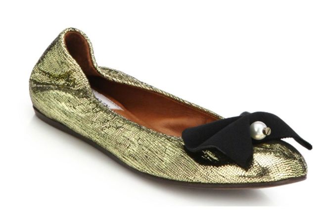 Lanvin Pearl-Bow Embossed Metallic Leather Flats – Shoes Post