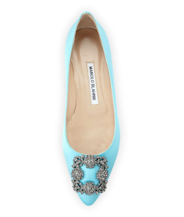 Manolo Blahnik Hangisi Crystal-Buckle Satin Flat, Turquoise – Shoes Post