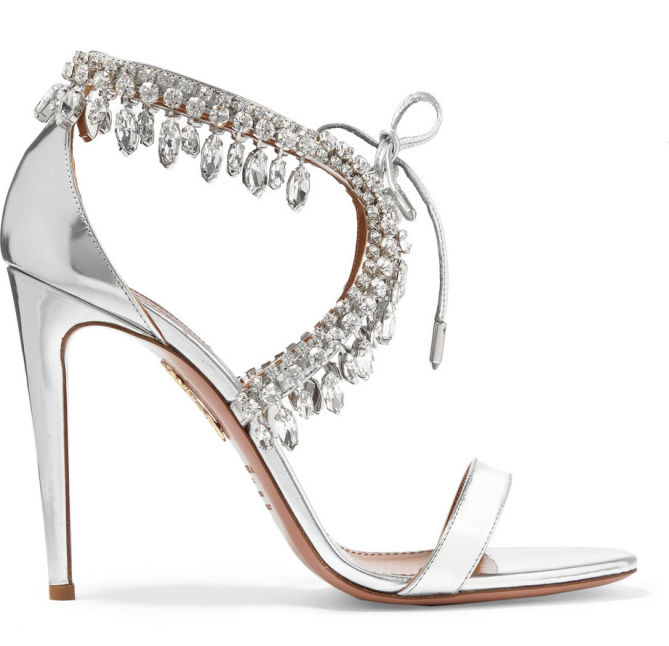 AQUAZZURA Milla crystal-embellished metallic leather sandals – Shoes Post