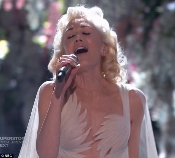 Gwen Stefani in Fancy Frou Frou Dress and Laser Cut Pumps