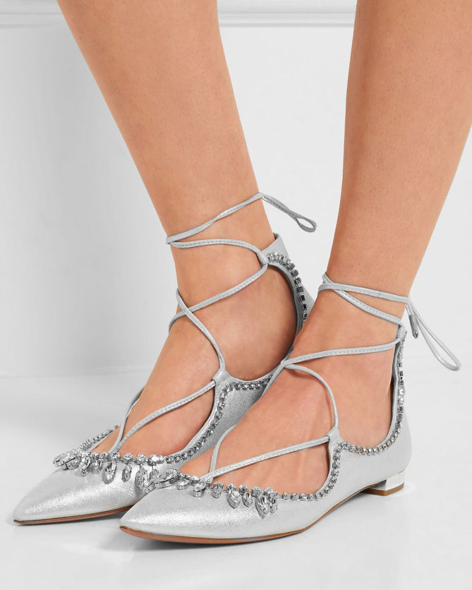 AQUAZZURA Christy crystal-embellished metallic leather point-toe flats ...