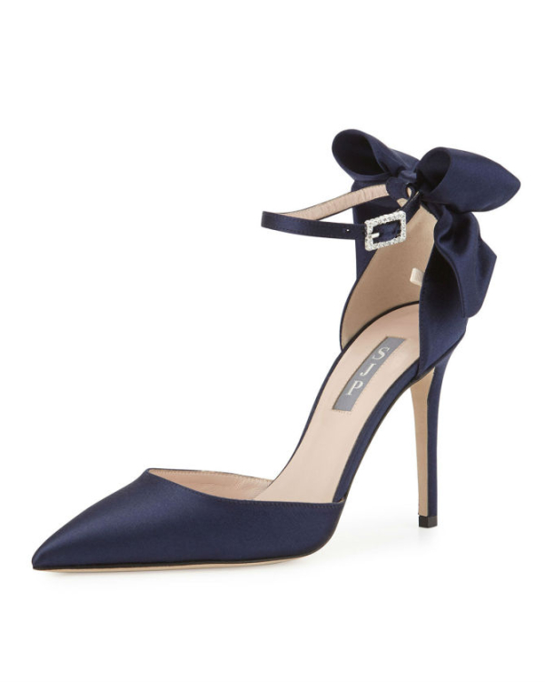 Trance Satin Bow AnkleWrap Pump, Navy Shoes Post