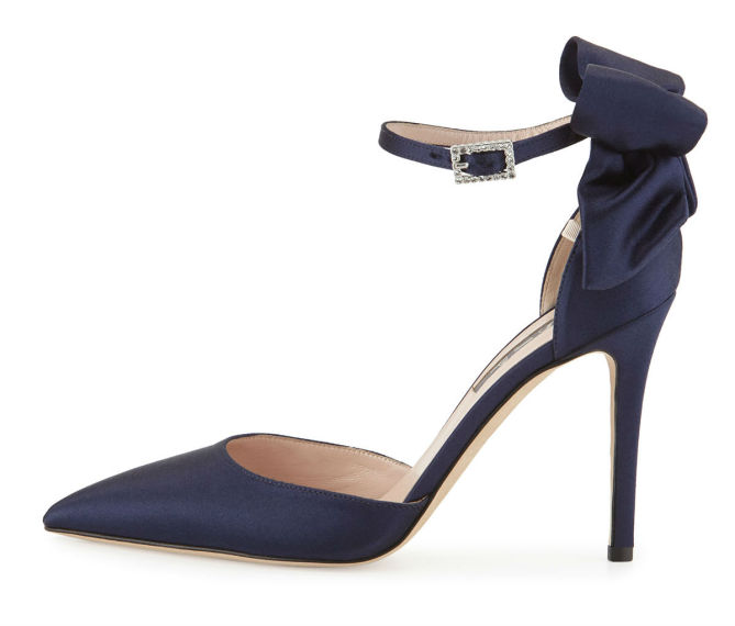 Trance Satin Bow Ankle-Wrap Pump, Navy – Shoes Post