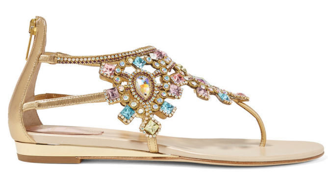 RENÉ CAOVILLA Crystal-embellished metallic leather wedge sandals ...