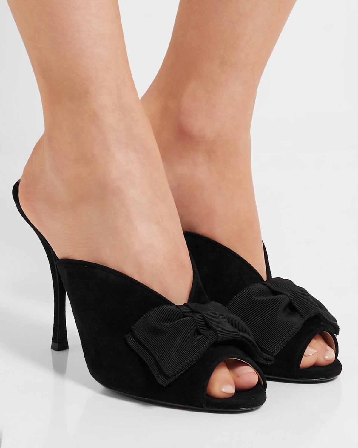 PRADA Grosgrain bow-embellished suede mules – Shoes Post
