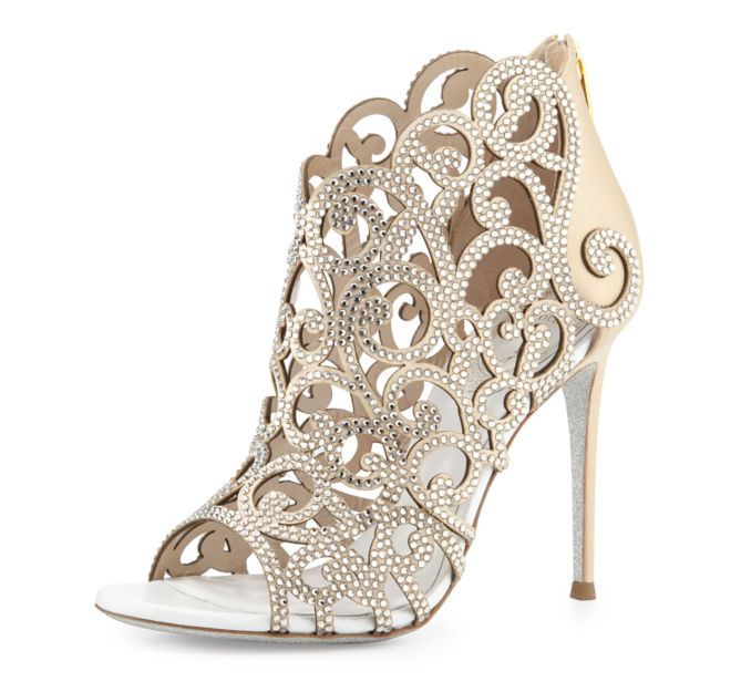 Rene Caovilla Scroll Laser-Cut Crystal 105mm Bootie, White – Shoes Post