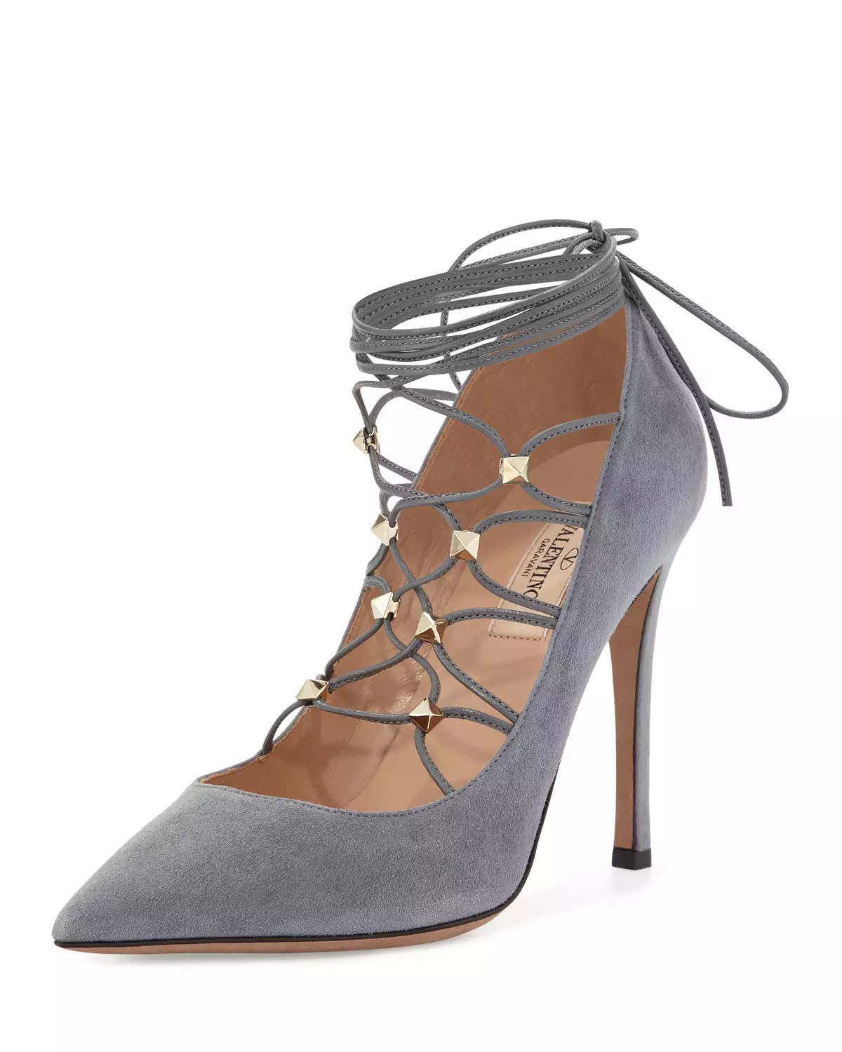 Valentino Rockstud Suede Lace-Up 105mm Pump, Light Stone – Shoes Post
