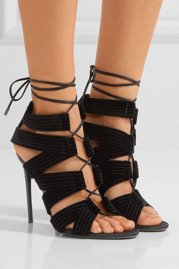 TOM FORD Lace-up leather-trimmed velvet sandals – Shoes Post