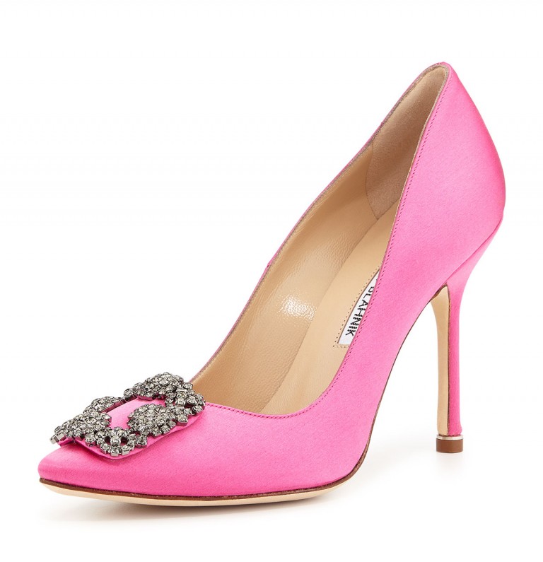 Manolo Blahnik Hangisi Crystal-Buckle Satin 105mm Pump, Pink – Shoes Post