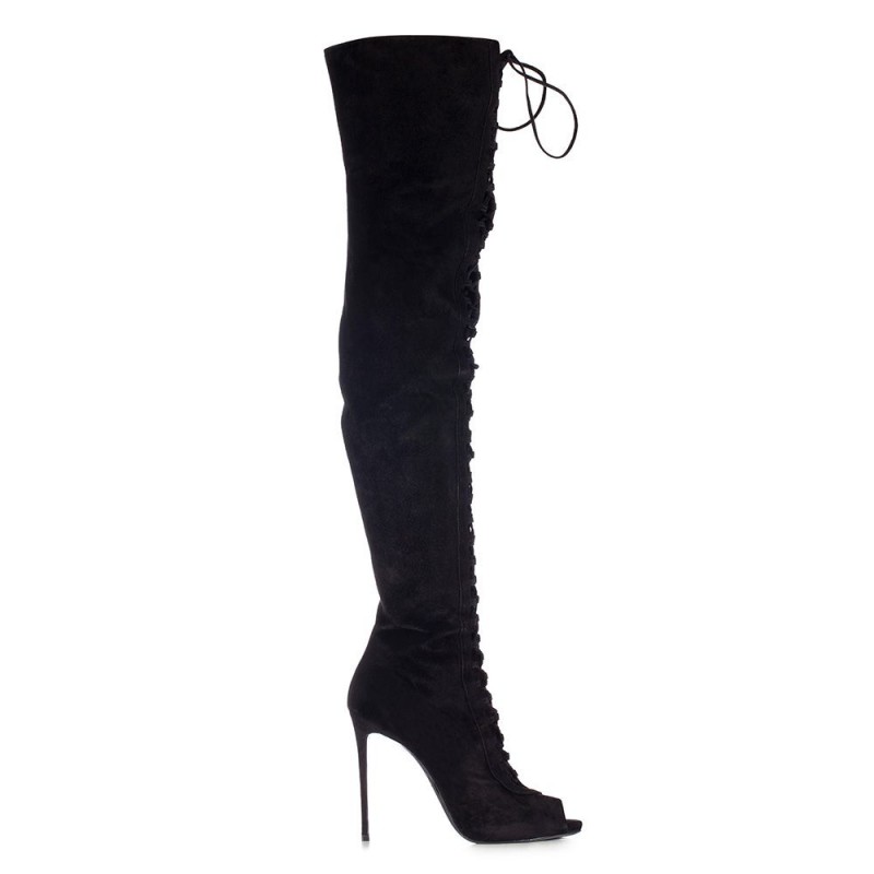 Le Silla Laced over the knee boot in Powder, black suede calfleather ...