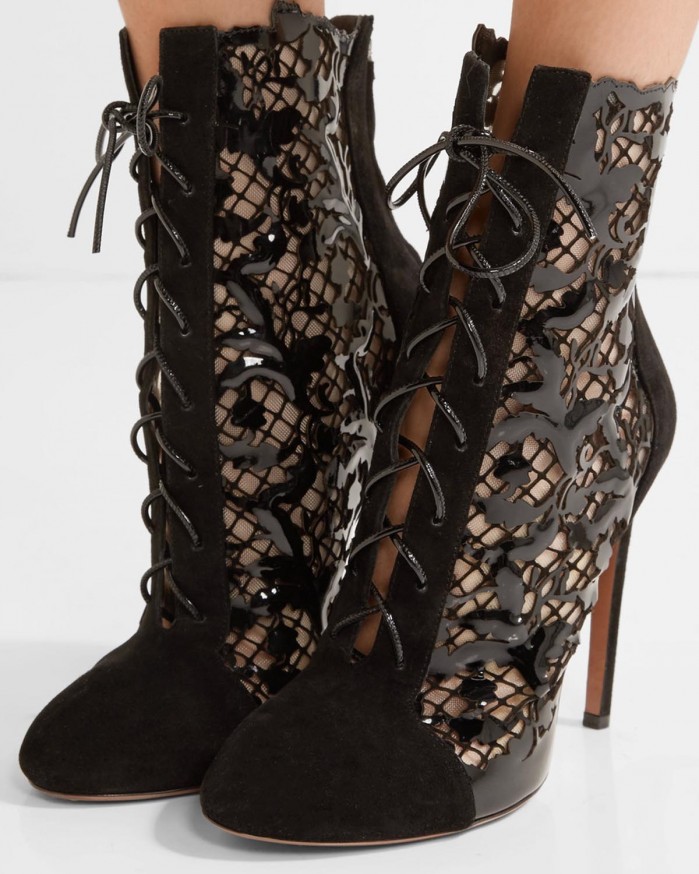 ALAÏA Laser-cut suede and patent-leather ankle boots – Shoes Post