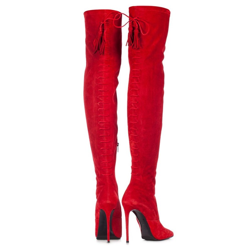 Le Silla Stretch over the knee boot in Velour, red suede calfskin ...
