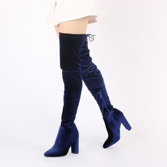 Kourtney Kardashian velvet navy boots – Shoes Post