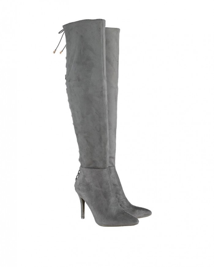 Attractive Gray Round Toe Stiletto Heel PU Leather Snake Print Knee