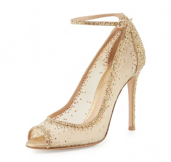 Gianvito Rossi Gemma Crystal Peep-Toe Ankle-Strap Pump, Gold – Shoes Post
