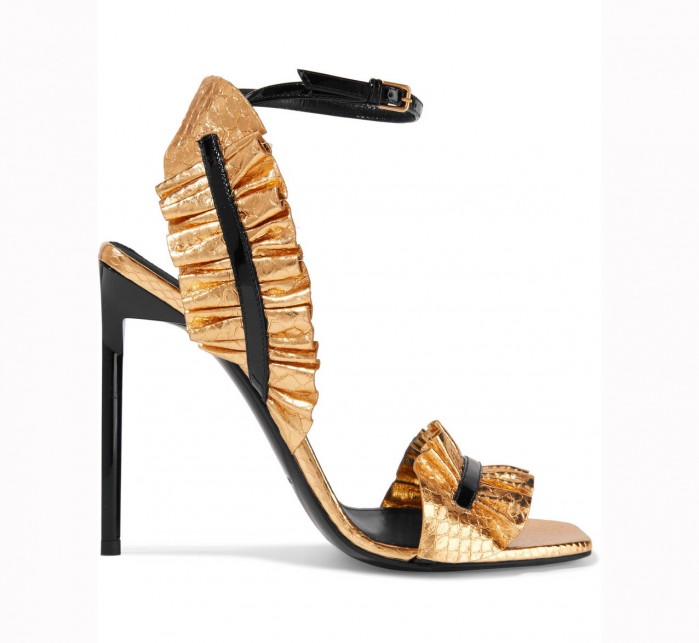 SAINT LAURENT Edie ruffled metallic snake-effect leather sandals ...