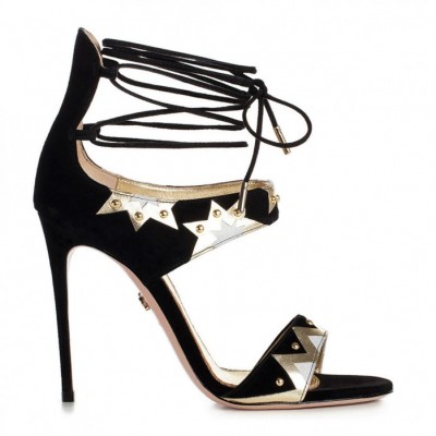 STRETCH LACE-UP SANDAL IN BLACK METALLIZED MESH AND LEATHER 9 CM
