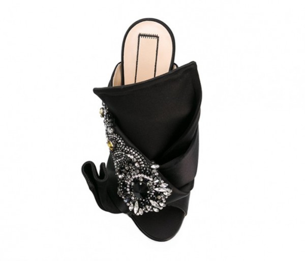 BOW-EMBELLISHED HIGH MULES IN BLACK SHEEPSKIN