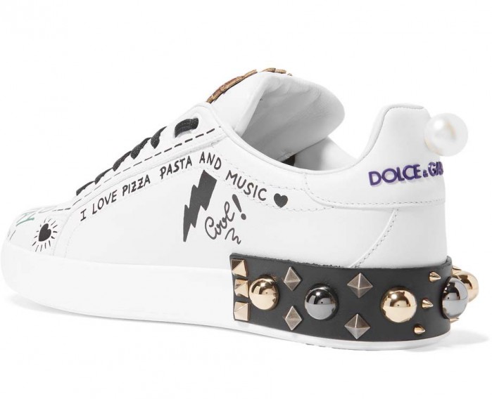 DOLCE & GABBANA Embellished printed leather sneakers – Shoes Post