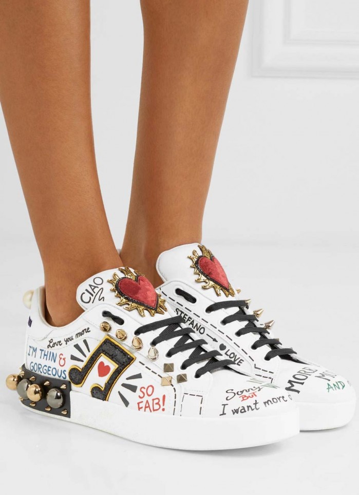 DOLCE & GABBANA Embellished printed leather sneakers Shoes Post