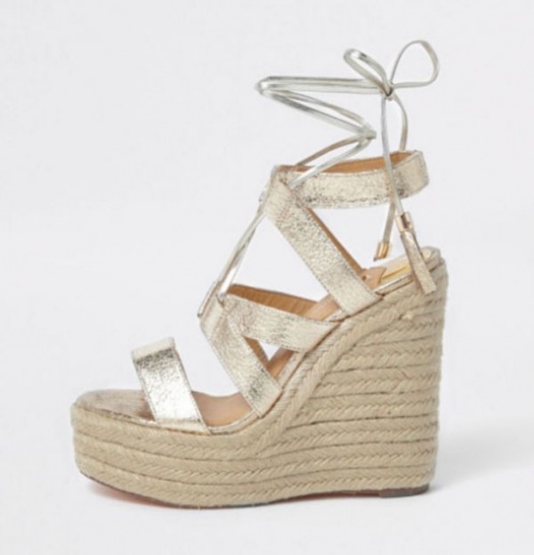 River Island Gold metallic tie up espadrille wedges Shoes Post