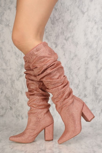 Sexy Dusty Pink Pointy Close Toe Slouchy Chunky Heel Knee High Boots ...