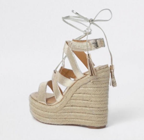 River Island Gold Metallic Tie Up Espadrille Wedges Shoes Post