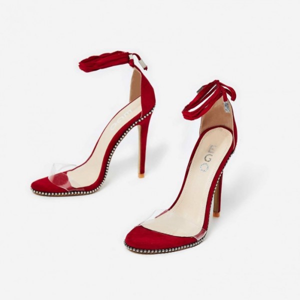 Elodie Studded Lace Up Perspex Heel In Red Faux Suede – Shoes Post