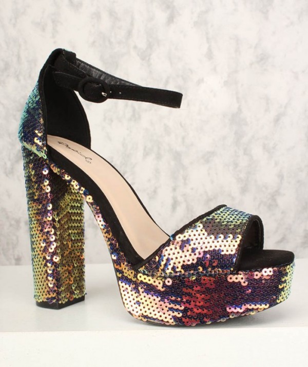 stylish sequin open toe chunky heeled sandals