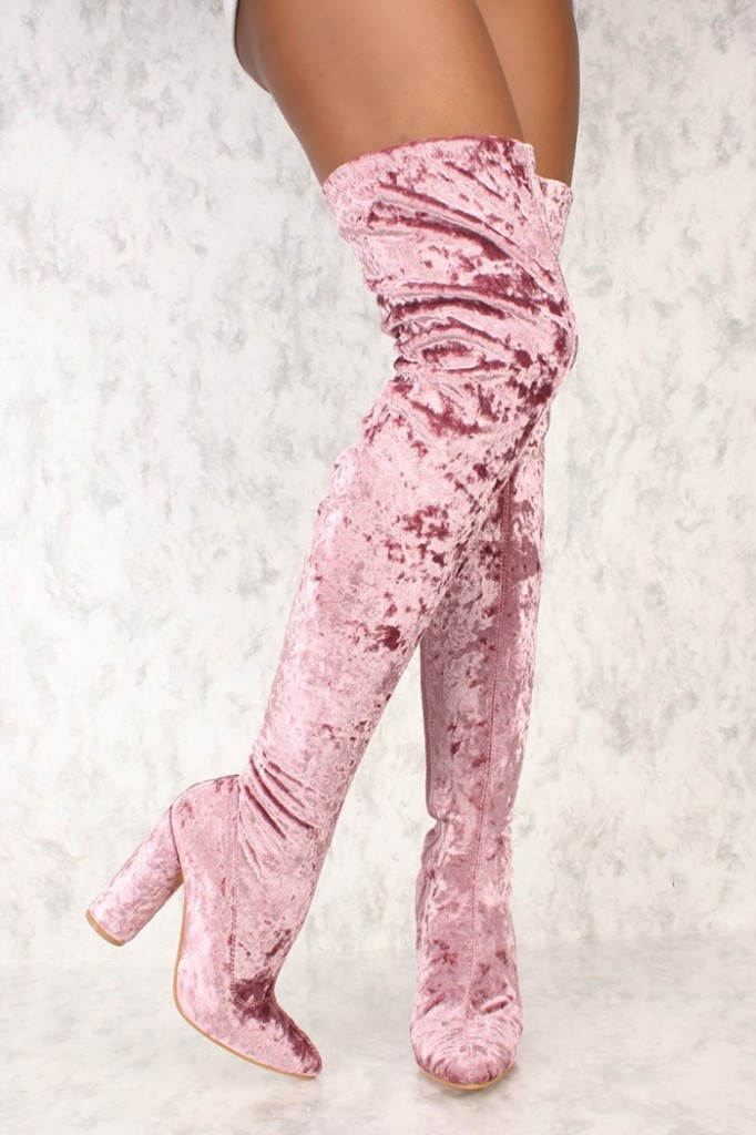 crushed velvet thigh high boots