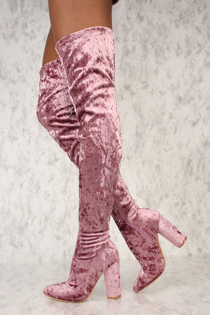 Sexy Dusty Rose Thigh High Boots Circle Chunky Heel Crushed Velvet ...