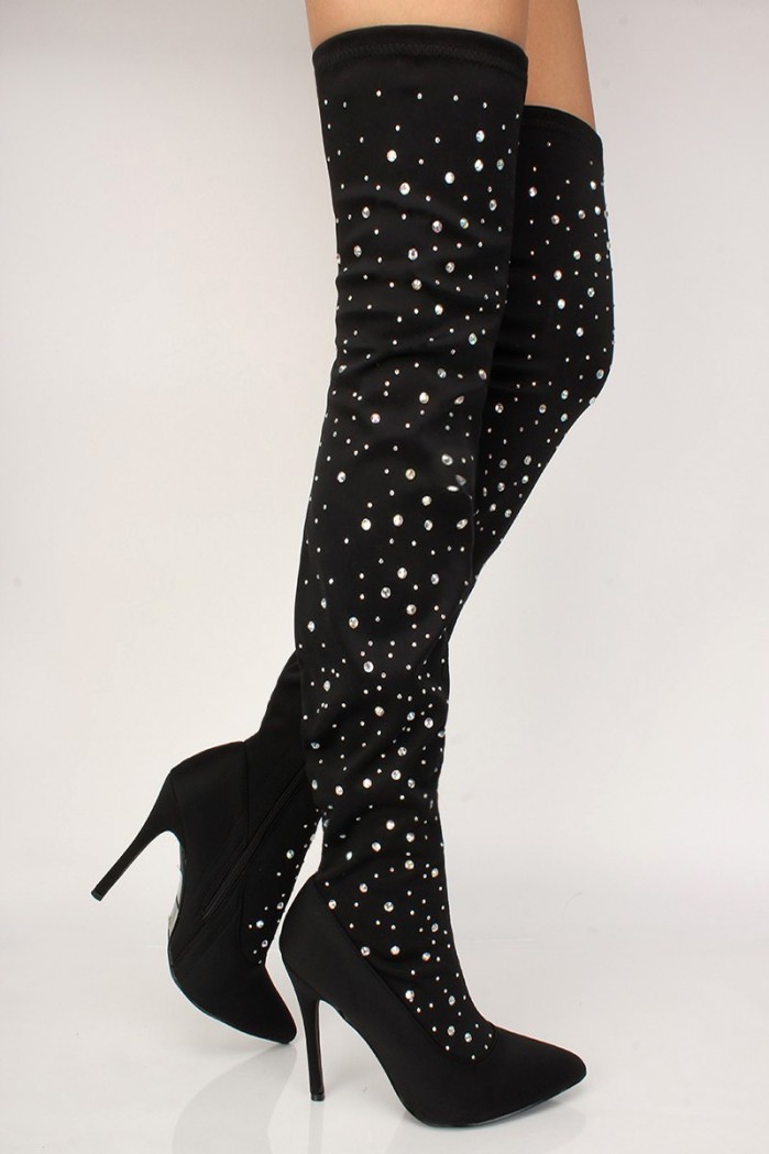 Sexy Black Rhinestone High Heels Thigh High Boots Lycra – Shoes Post