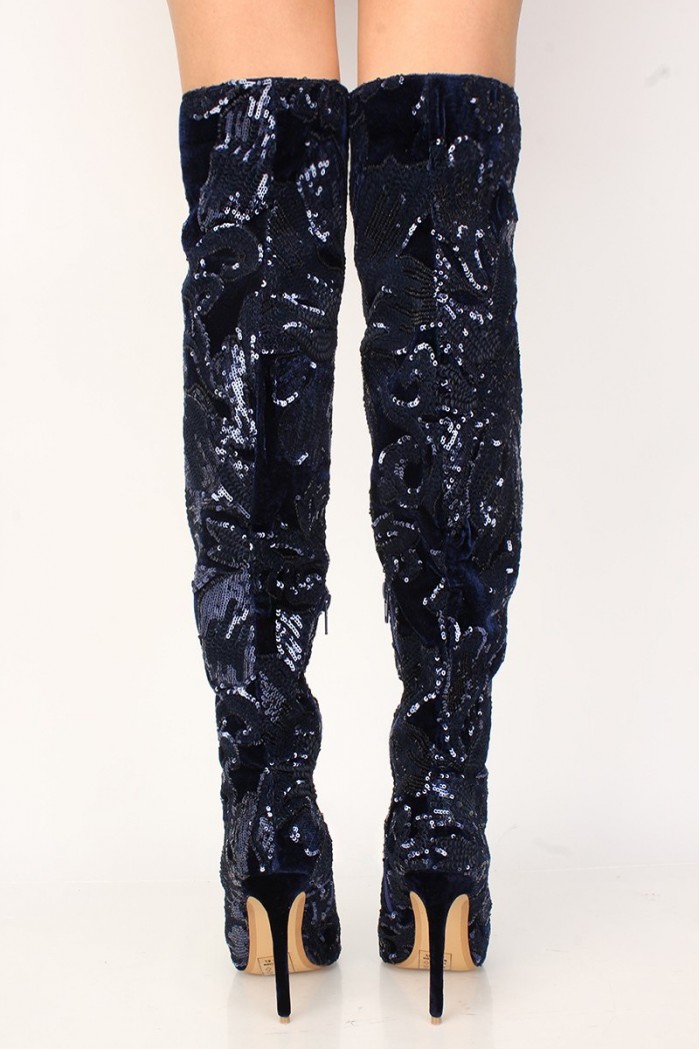 AmiClubwear Sexy Blue Sequins Pointy Toe High Heels Thigh High Boots ...