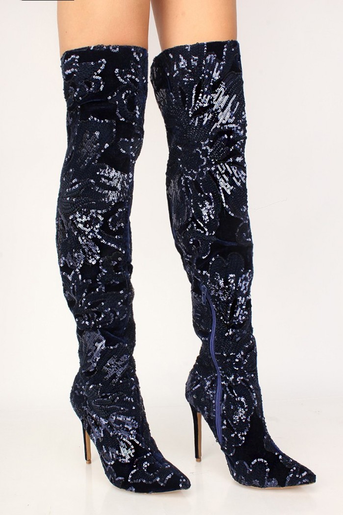 AmiClubwear Sexy Blue Sequins Pointy Toe High Heels Thigh High Boots ...