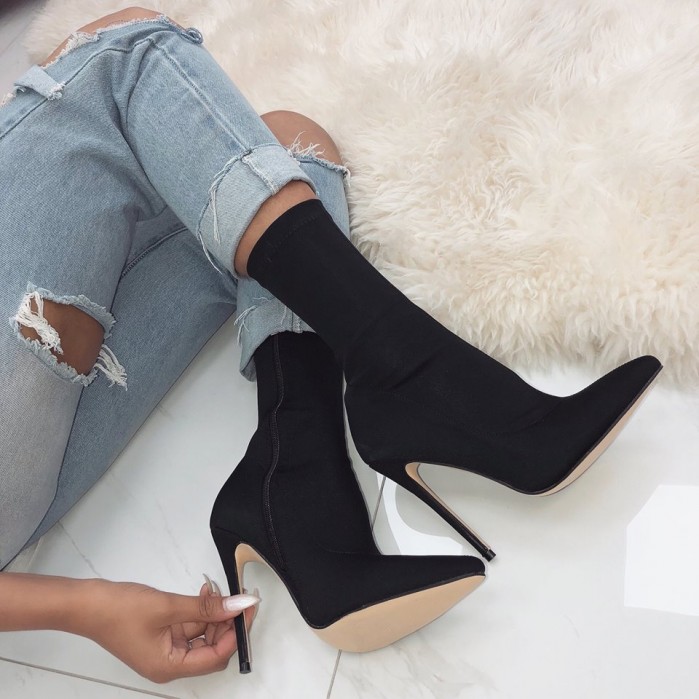 SIMMI JADAH BLACK LYCRA POINTED TOE ANKLE BOOTS – Shoes Post