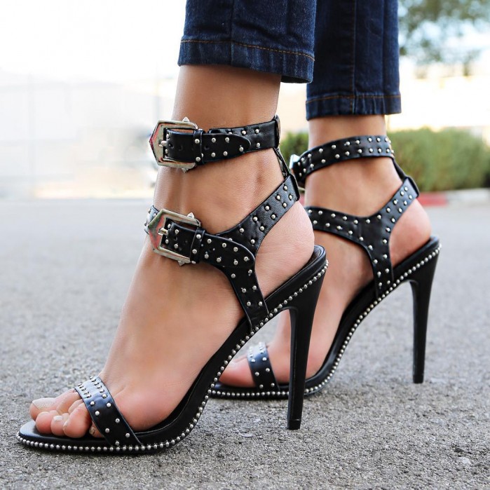 Sexy Black Studded Single Sole High Heels Faux Leather – Shoes Post
