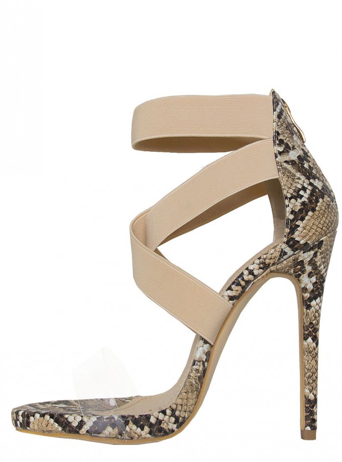 SIMMI MADELINE BEIGE SNAKE CLEAR STRAPPY STILETTO HEELS – Shoes Post