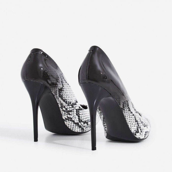 Aleka Court Heel In Grey Snake Print Patent – Shoes Post