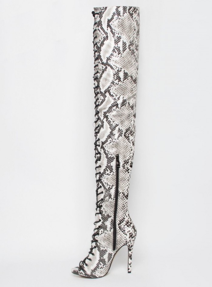 SIMMI MIKAELA BLACK AND WHITE SNAKE LACE UP STILETTO THIGH HIGH BOOTS ...