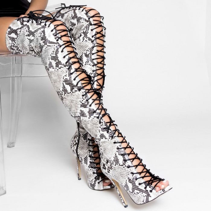 SIMMI MIKAELA BLACK AND WHITE SNAKE LACE UP STILETTO THIGH HIGH BOOTS ...